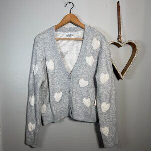 Cupcakes and Cashmere Heart Soft Fuzzy Coquette Soft Girl Cardigan LARGE Heather